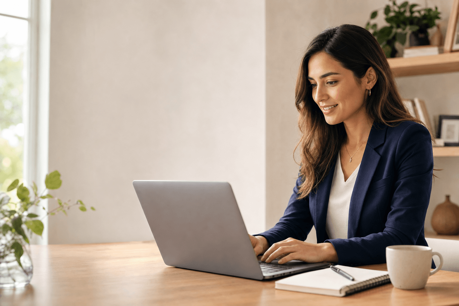 A focused professional working on a laptop with AI tools in a warm modern workspace