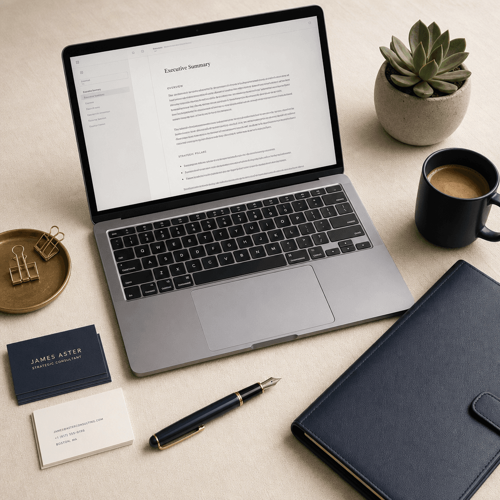 A modern professional's workspace with a laptop, notebook, and warm natural lighting